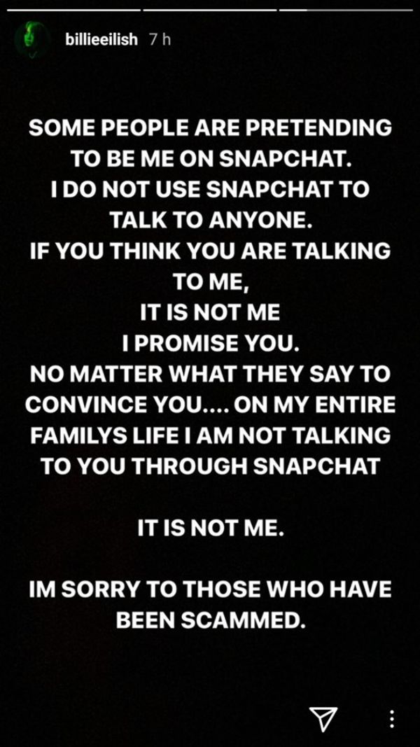 Billie Eilish Warns Followers About Fake Snapchat Account
